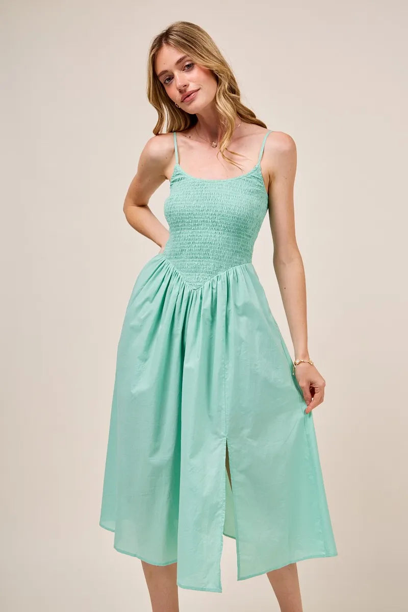 SO ME Smocked Sleeveless Casual Everyday Dress With Slit - kinko