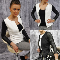 Female Outwear PU Leather Patchwork Spring Autumn Plaid Women Thin Coats Short Jackets Casual Slim Blazers Suit Cardigans - kinko
