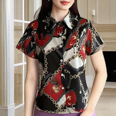 Women's Lapel Collar Short Sleeve Shirt - Chain Print Design, Button-Up Casual Top Comfortable Summer Wear - kinko