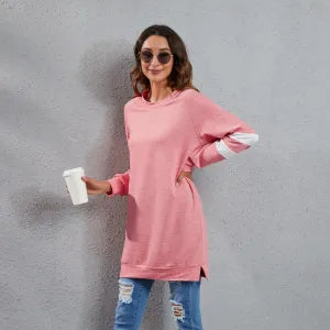 Frühling/Sommer Rundhalsausschnitt, kontrastfarbene Ziernähte, lange Ärmel, lässiges, lockeres Baumwoll-Top für Damen, lässiges Design, locker geschnitten, Damen