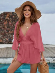 Summer Bikini Beach Dress Sun Protection by the Sea V neck Waist Controlled Long Sleeves Backless Blouse Women