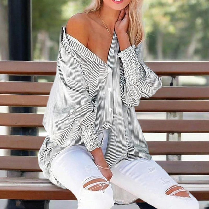 Women's Casual Striped Long Sleeve Shirt With Button-Down Collar & Knit Cuff Detail - Classic Spring&Fall Blouse - kinko