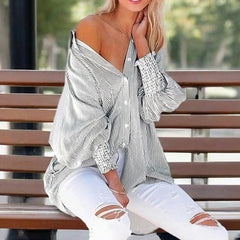 Women's Casual Striped Long Sleeve Shirt With Button-Down Collar & Knit Cuff Detail - Classic Spring&Fall Blouse - kinko
