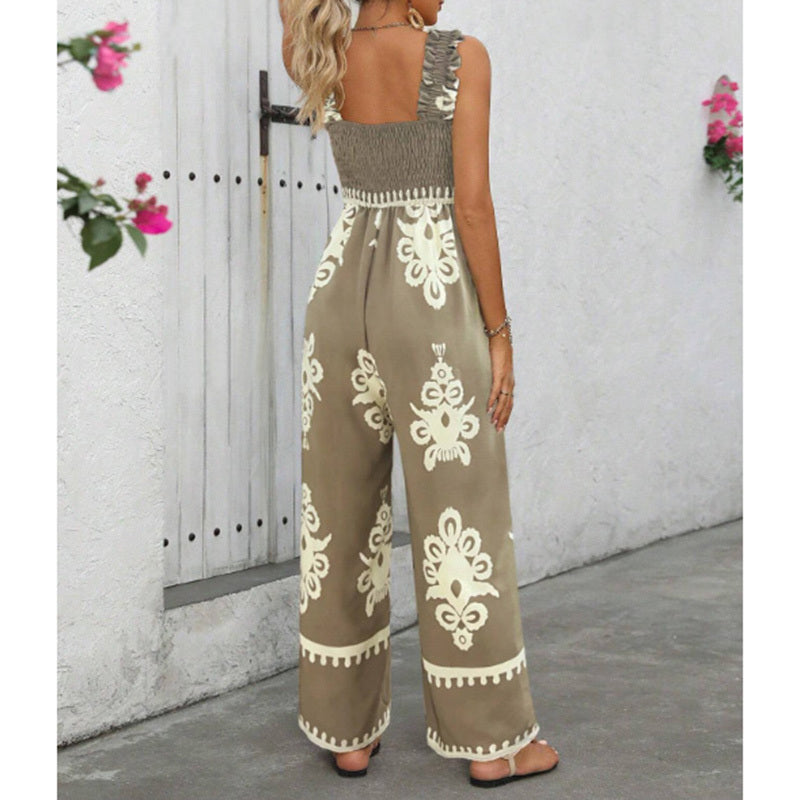Women's Summer Boho Jumpsuits One Piece Beach Vacation Outfits Shirred Strap Wide Leg Pants Rompers With Pockets - kinko