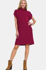 Zenana Mock Neck Short Sleeve Sweater Dress - kinko