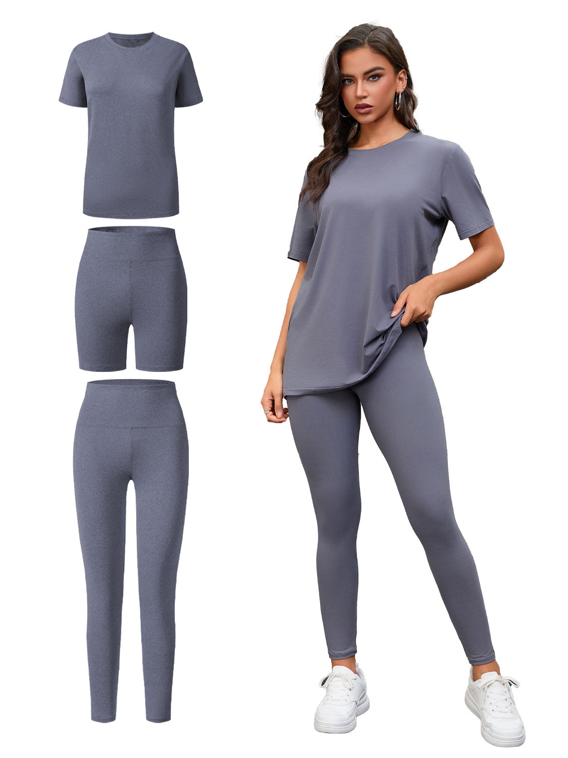 Three Piece Set, Round Neck Short Sleeved Top And Shorts And Pants Set, Sports And Casual Clothing - kinko