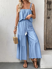 Ruffle Cami Top and Wide Leg Pants Set - kinko
