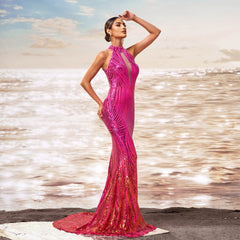 Round Neck Off-the-shoulder Slim-fit Sheath Sequined Banquet Fishtail Evening Dress - kinko