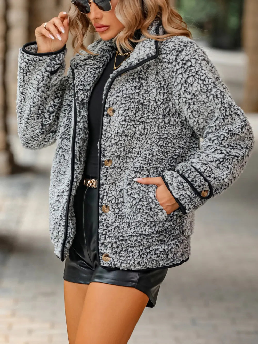 Fuzzy Pocketed Button Up Jacket - kinko