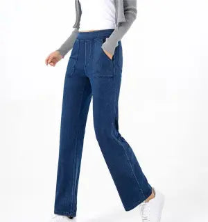 Sommerliche Arbeitsjeans mit vielen Taschen für Damen, Retro-Trend, hoher Bund, figurformend, gerades, weites Bein, lässige Hose
