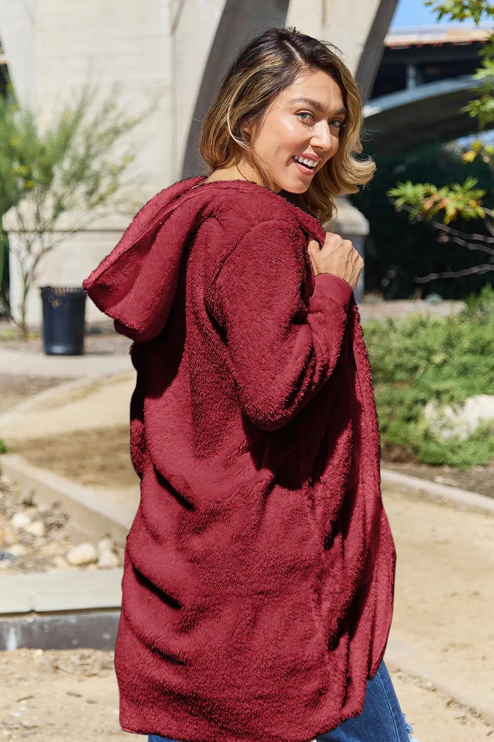 Double Take Full Size Hooded Teddy Bear Jacket with Thumbholes - kinko