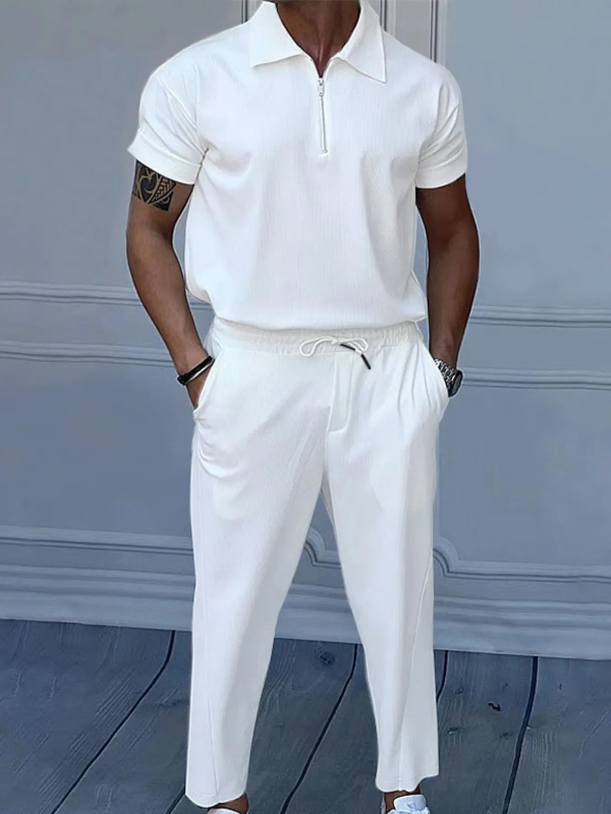 Men's Full Size Quarter Zip Short Sleeve Polo and Pants Set Plus Size - kinko