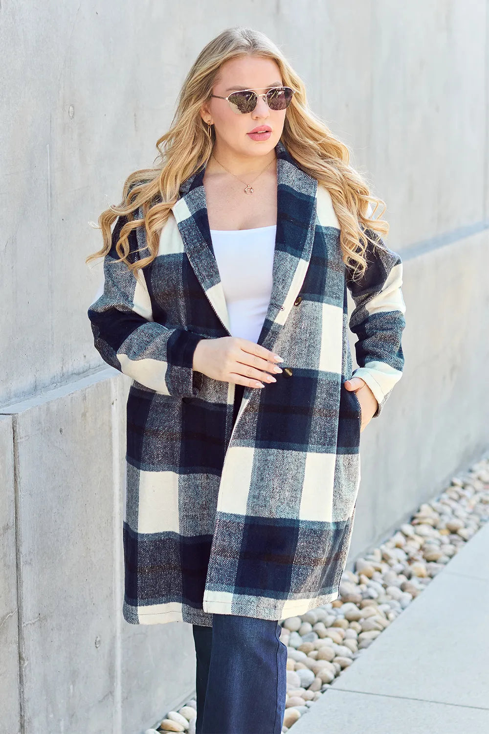 Double Take Full Size Plaid Button Up Lapel Collar Coat - kinko