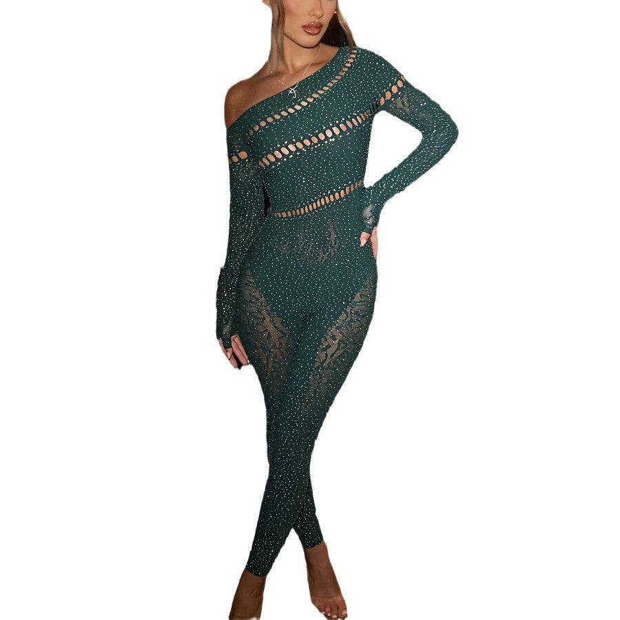One-piece Long Sleeves Hot Rhinestone Shiny Fishnet Clothes Sexy Lingerie - kinko