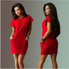 Summer Fashion Women Clothing Casual Short Sleeve O-Neck Black Blue Dresses Slim Pocket Bodycon T Shirt Dress - kinko