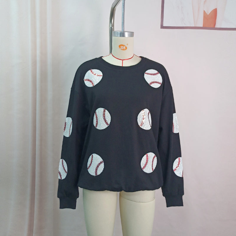 Spring Popular Baseball Sequined Sweatshirt Lazy Long Sleeve Tops Outerwear Women - kinko Global Holdings inc