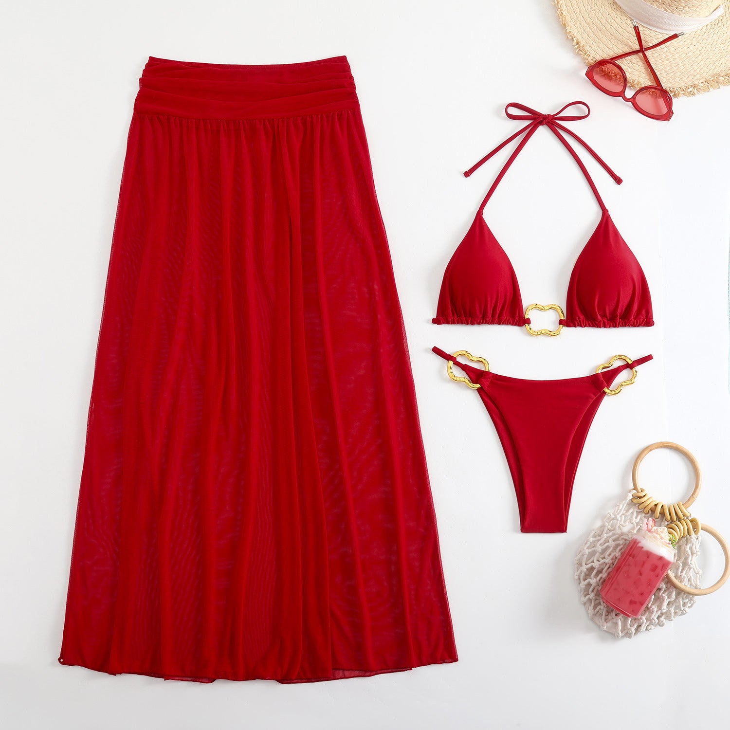 Solid Color Mesh Long Skirt Sexy Swimsuit Women Bikini Three Piece Swimsuit - kinko Global Holdings inc