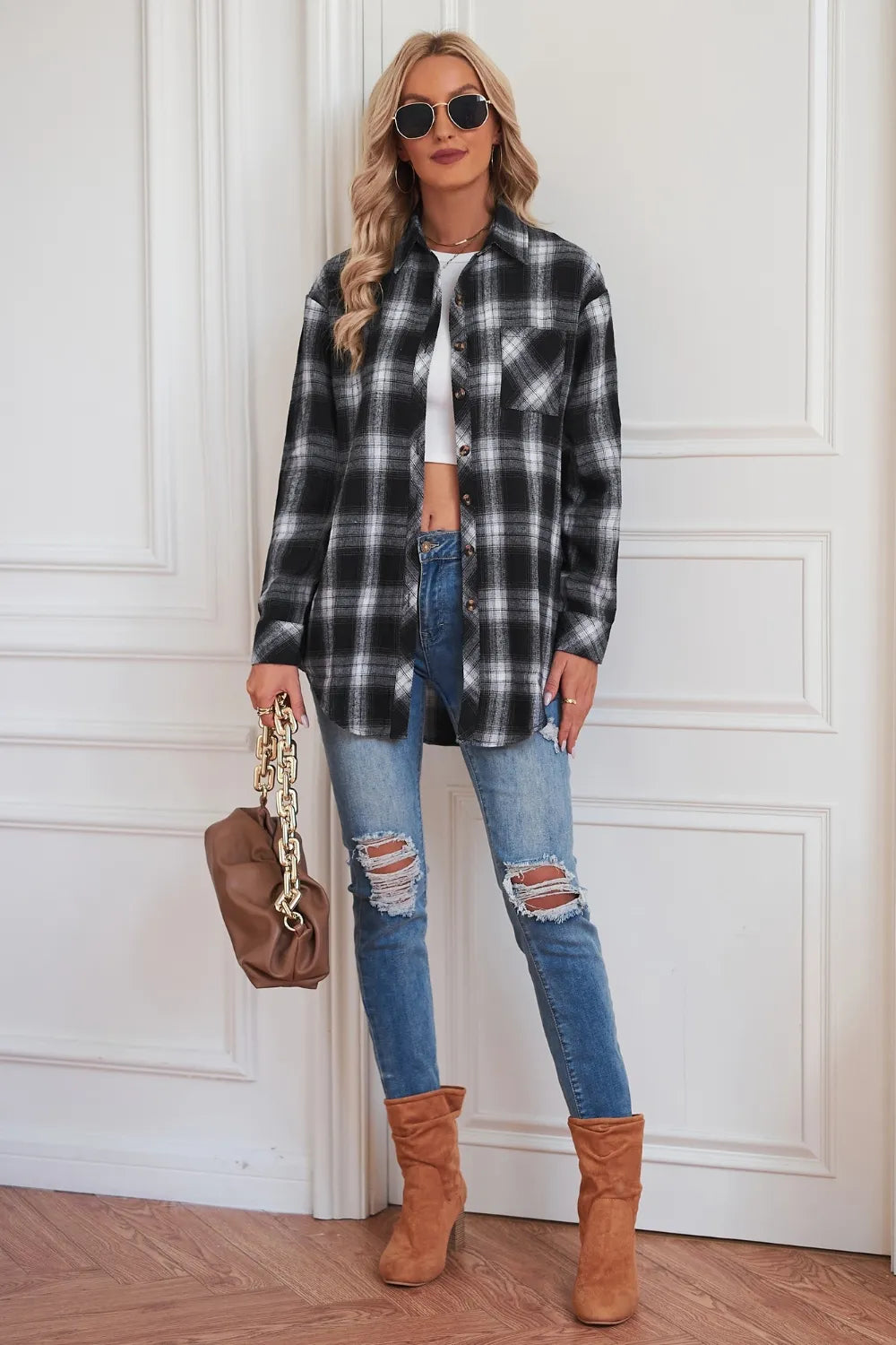 Plaid Button Up Dropped Shoulder Outerwear - kinko