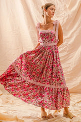 SO ME Floral Maxi Dress With Ribbon Tie Lace Strap - kinko