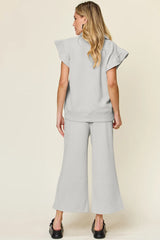 Double Take Texture Ruffle Short Sleeve Top and Drawstring Wide Leg Pants Set - kinko