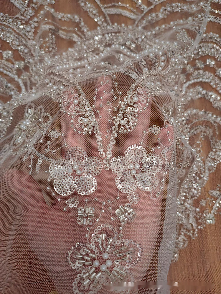 Wave Style Sequin Bead Lace Fabric Wedding Dress - kinko