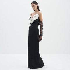 Black Backless Bandage Chest White Exquisite Flower Decorative Dress For Women Dress - kinko
