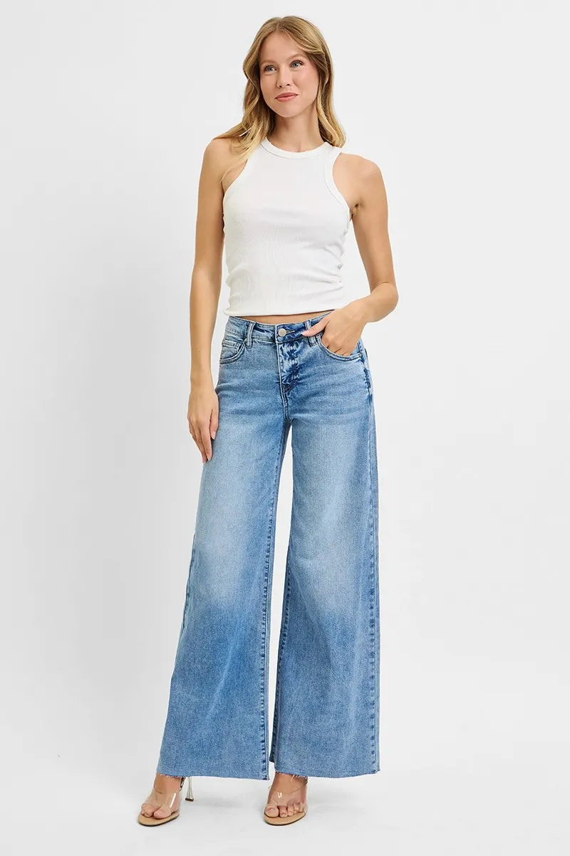 RISEN Full Size Tummy Control High Rise Ankle Palazzo Jeans Plus Size - kinko