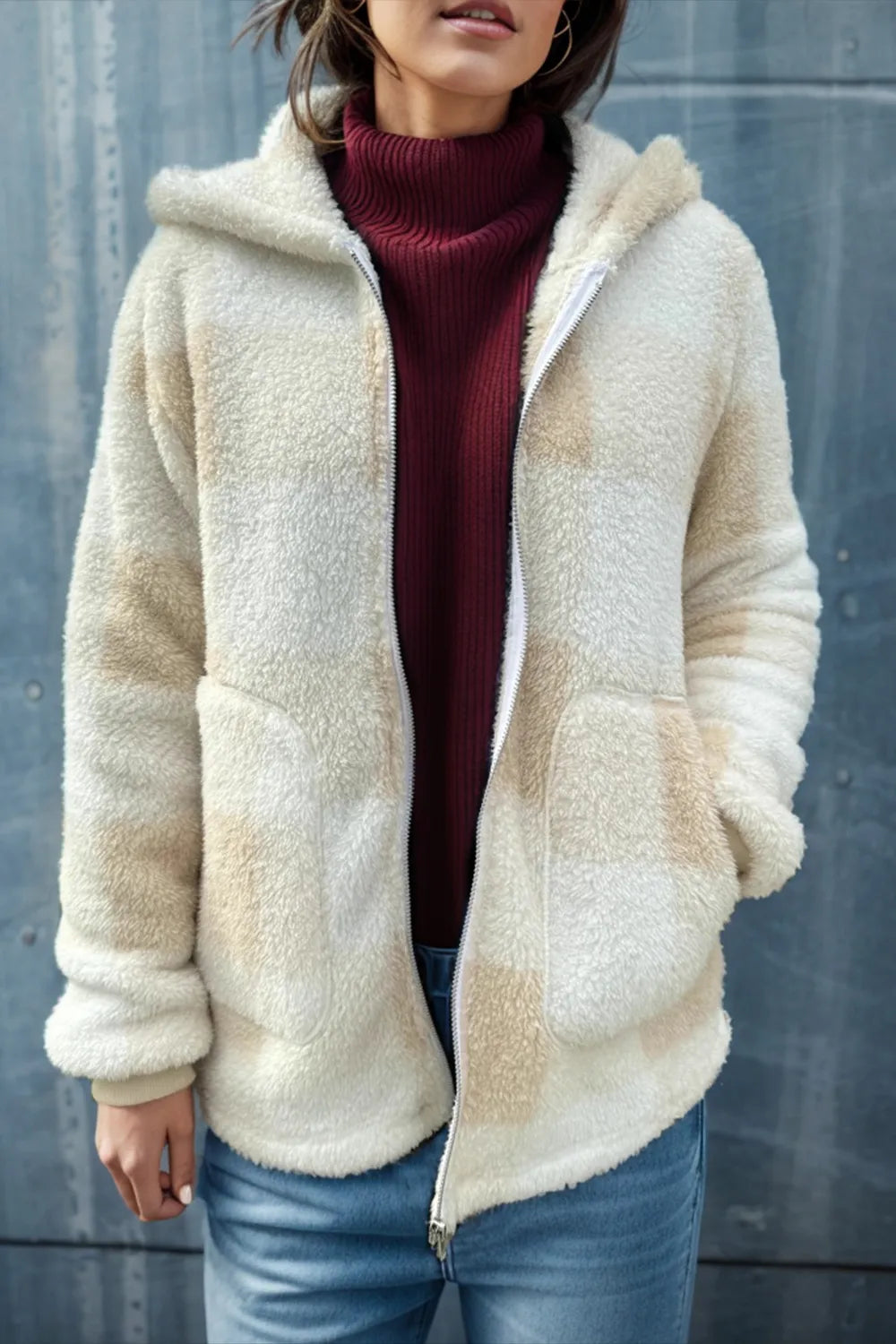 Double Take Full Size Plaid Long Sleeve Hooded Coat - kinko