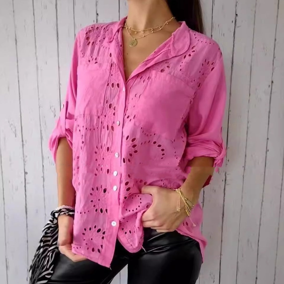 Women's Casual Hollow-out Design Pocket Long Sleeve Button-down Shirt - kinko