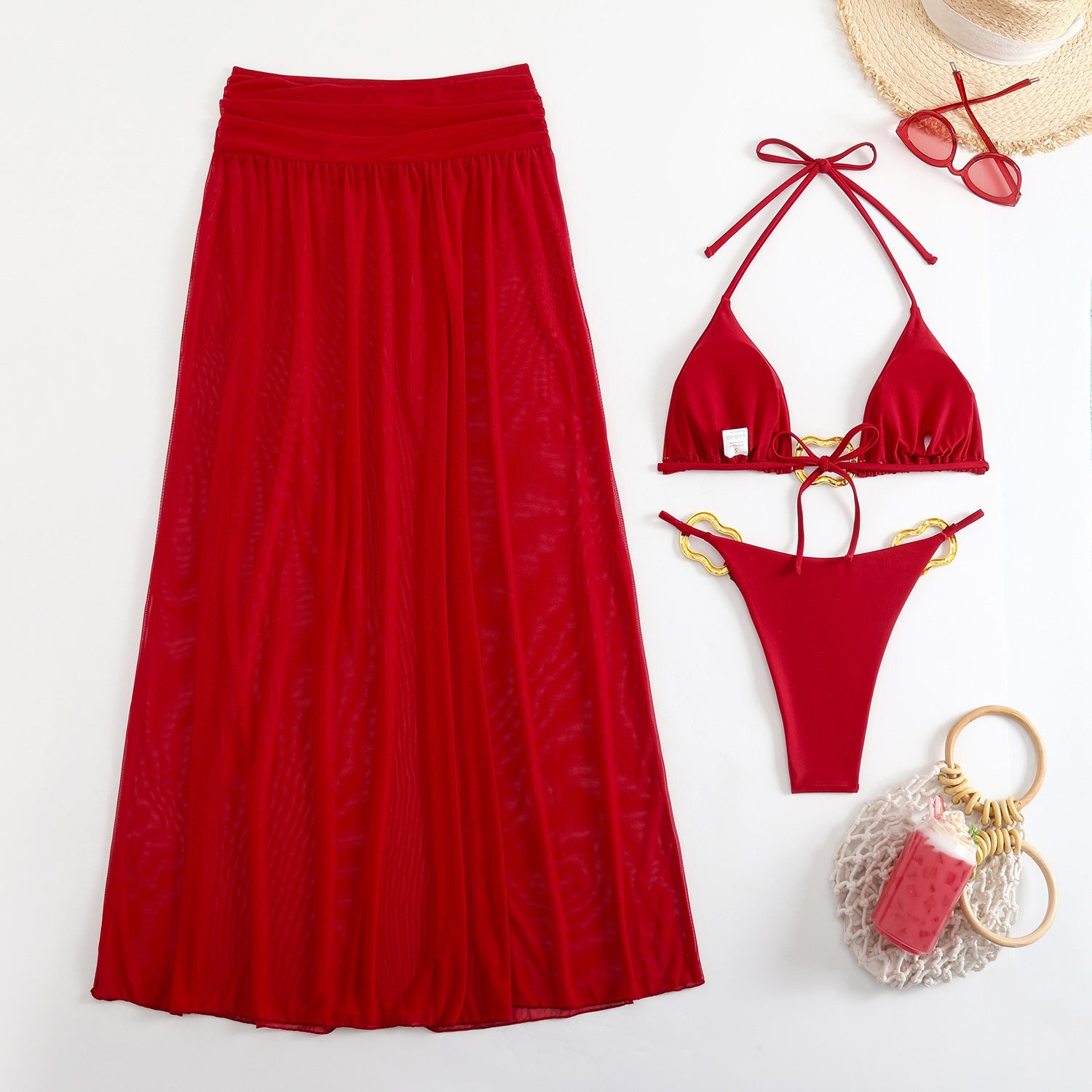 Solid Color Mesh Long Skirt Sexy Swimsuit Women Bikini Three Piece Swimsuit - kinko Global Holdings inc