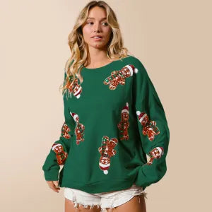 Frühlings- und Herbstmode: Die besten Damenkleider – Weihnachts-Lebkuchenmann-Pailletten-Sweatshirt, einfarbig, langärmelig, Stricktop