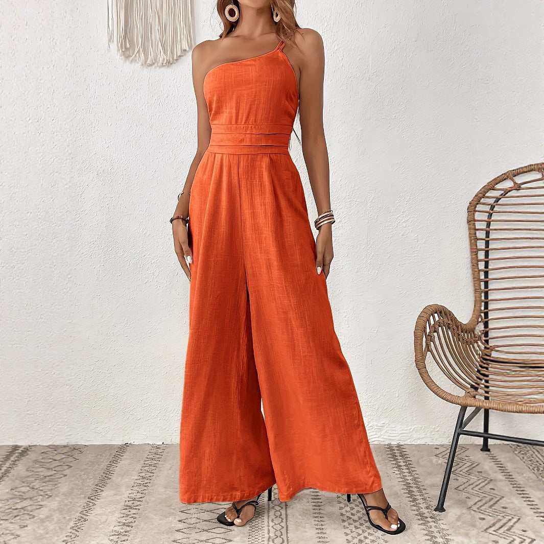 Women's Solid Color Wide-leg Thin One-shoulder Jumpsuit - kinko