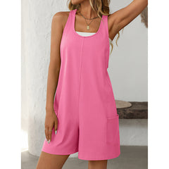 Womens Summer Casual Loose Tank Romper Sleeveless Scoop Neck Jumpsuit Shorts Romper With Pockets - kinko