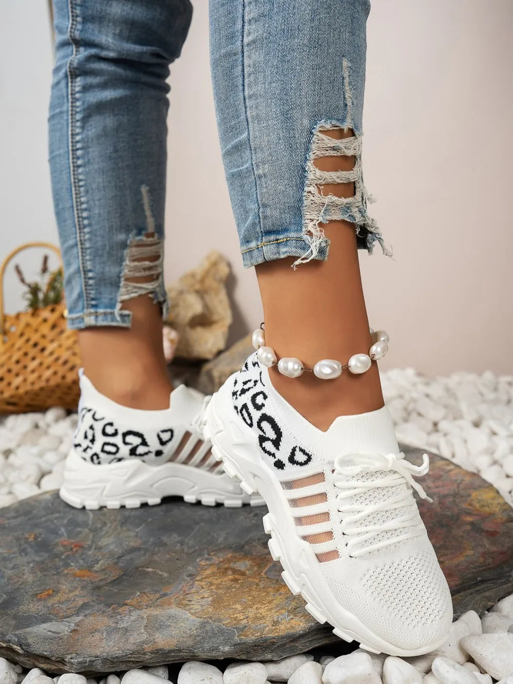 Cutout Leopard Lace Up Mesh Athletic - kinko