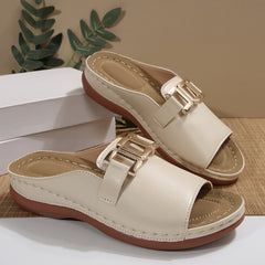 Southeast Asian Buckle Wedge Open Toe Slippers Women plus Size Metal Buckle Fish Mouth Beach Slippers - kinko Global Holdings inc