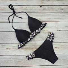 Sexy patchwork tassel swimwear Halter triangle bikini Low waist swimsuit women Black bathing suit Swimming Biquini - kinko Global Holdings inc