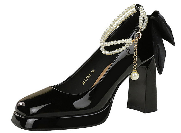 Square Toe Thick Heel Super High Heel Waterproof Platform Pearl Chain Word with Bowknot Wedding Shoes Pumps - kinko Global Holdings inc