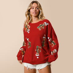 Frühlings- und Herbstmode: Die besten Damenkleider – Weihnachts-Lebkuchenmann-Pailletten-Sweatshirt, einfarbig, langärmelig, Stricktop