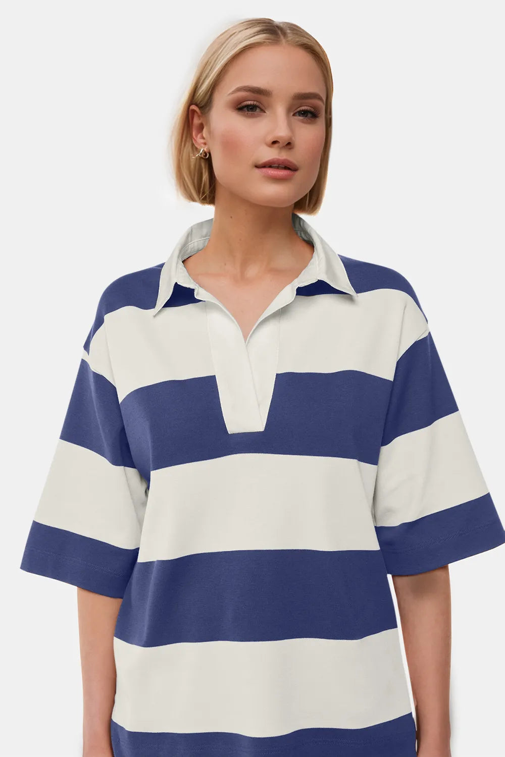 Oh Pima Cotton Wash Color Block Johnny Collar Half Sleeve Top - kinko
