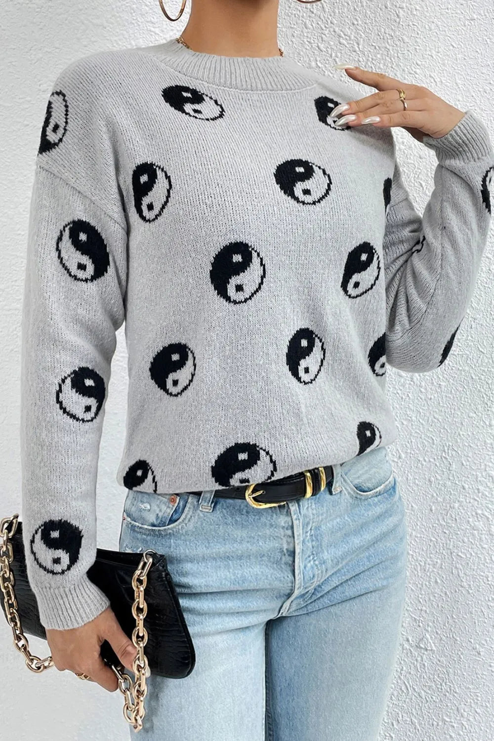 Graphic Mock Neck Dropped Shoulder Sweater - kinko