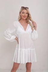 Summer Deep V Plunge neck Lantern Sleeve Dress Beach Cover up