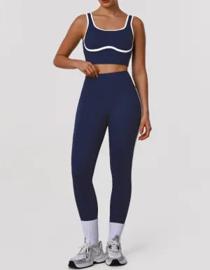 Contrast Color Striped Fitness Yoga Two Piece Sets High Elastic Shockproof Bra Hip Lift Belly Shaping Tights Sportswear