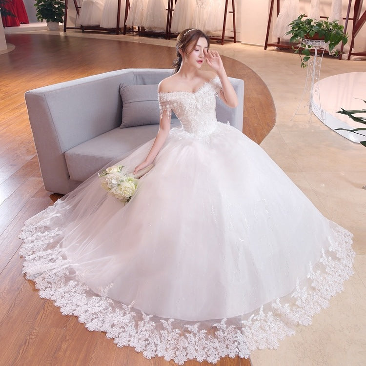 Shoulder-to-shoulder Wedding Dress Bridal Lace Plus Size Thin Shoulder Wedding Dress - kinko
