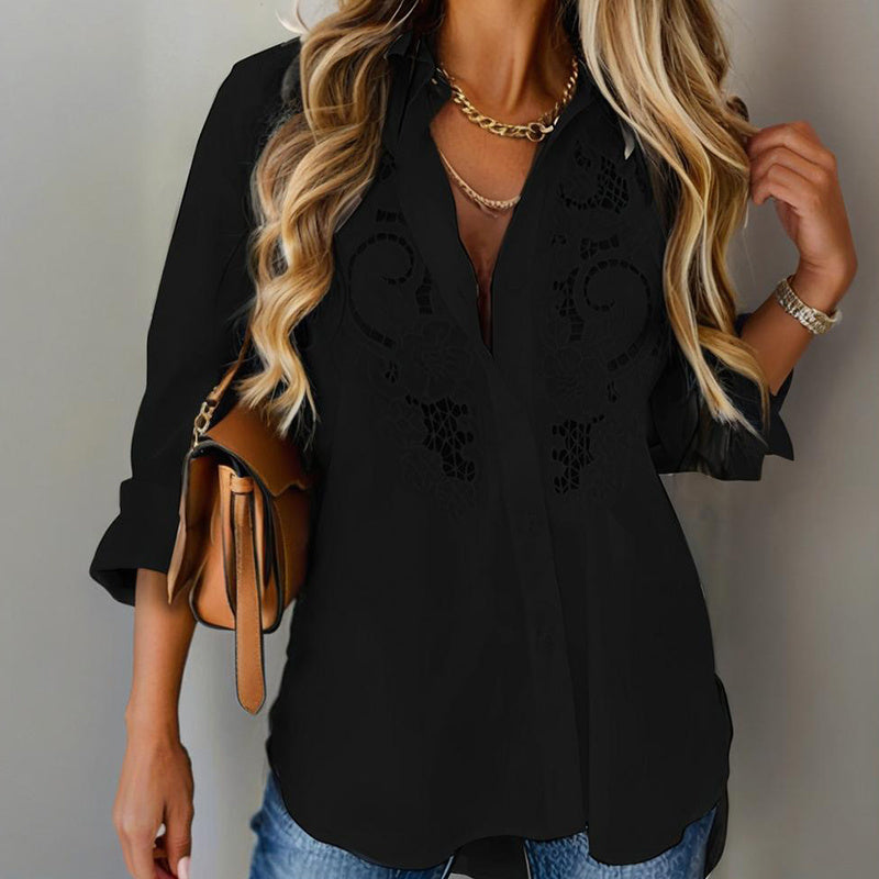 Women's Contrast Lace Long Sleeve Tops Button Down Shirts Dressy Casual Blouses Fall Fashion Clothes - kinko