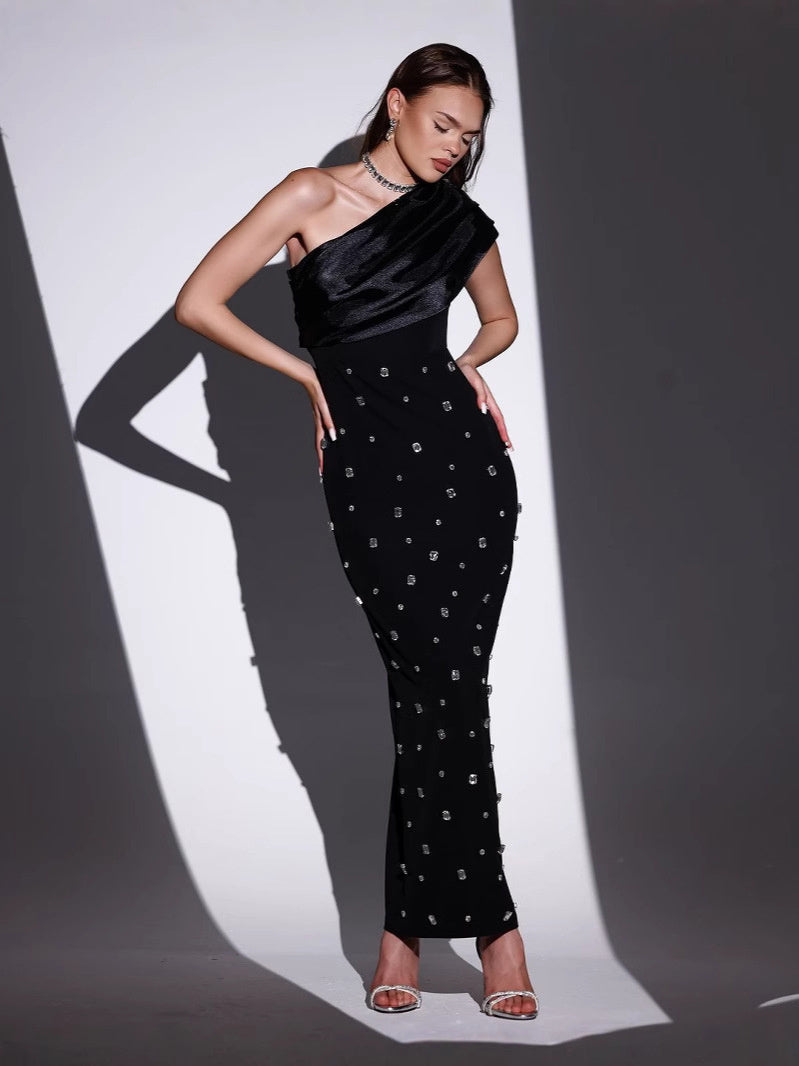 Off-shoulder Diamond Black Evening Dress - kinko
