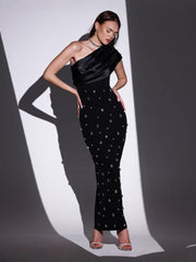 Off-shoulder Diamond Black Evening Dress - kinko