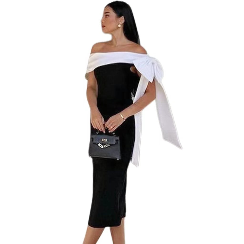 Women's Off-shoulder Bow Black And White Color Matching Elegant Cocktail Dress - kinko