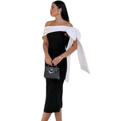 Women's Off-shoulder Bow Black And White Color Matching Elegant Cocktail Dress - kinko