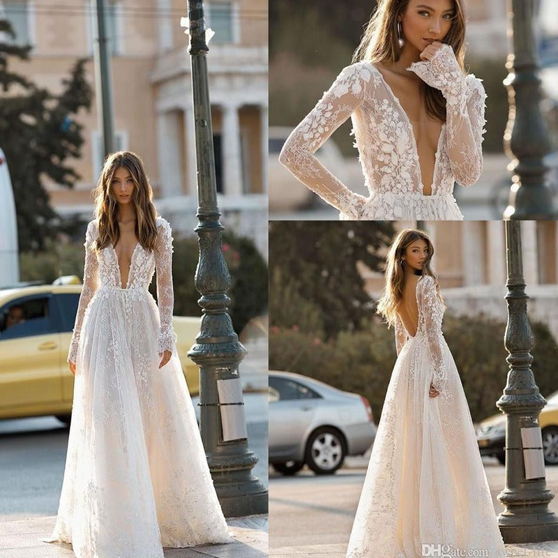 Women's Wedding Dress Lace Long Sleeve Dinner Party Gown - kinko