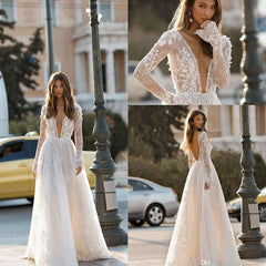 Women's Wedding Dress Lace Long Sleeve Dinner Party Gown - kinko